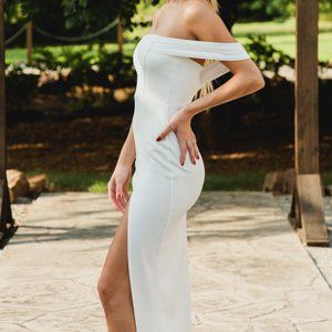 ON HOLD ASOS High Slit Bardot Strap White Gown